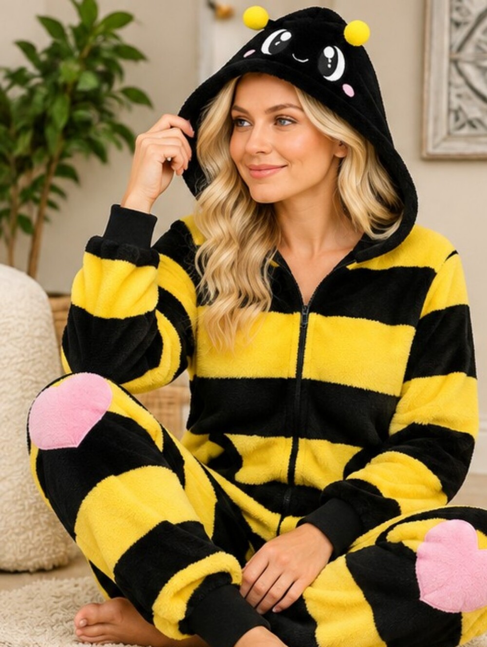 Weekend Edition Bumblebee Plush Hooded Onesie Pajamas Medium NWT